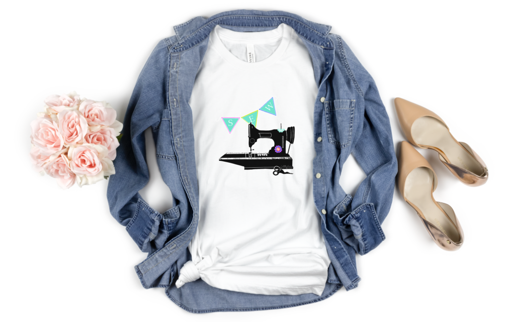 Image of vintage sewing machine artwork on white tee.